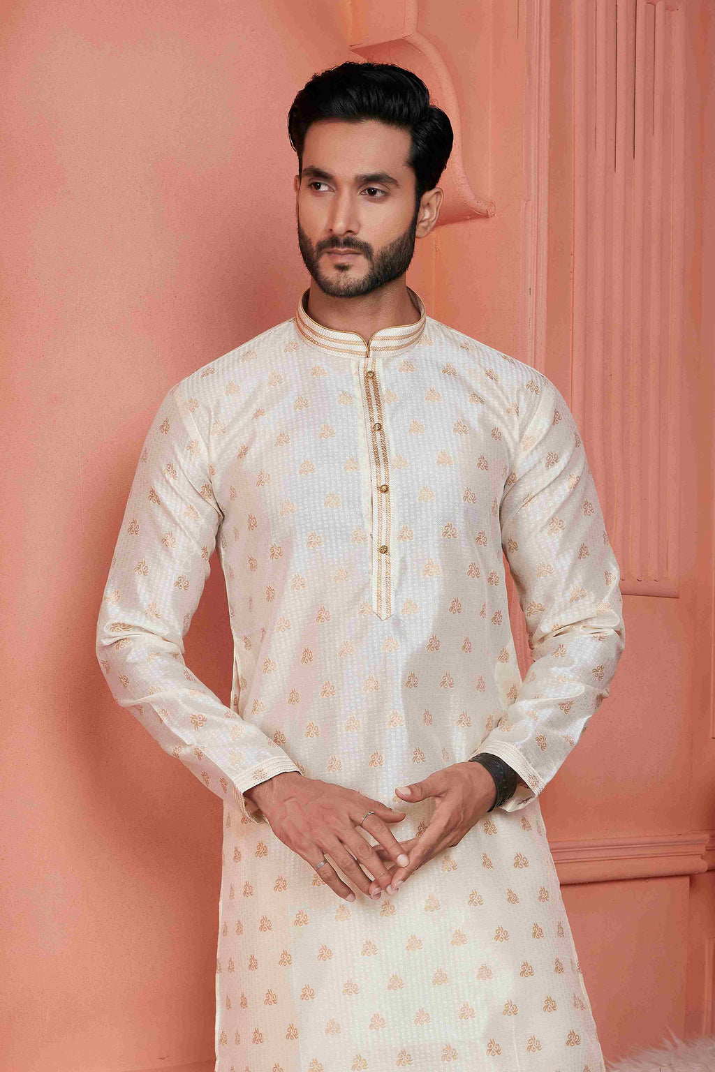 Raivat Ethnic Jacquard Banarasi Silk Pintux Work Kurta Pajama In Cream Colour | Grocsy