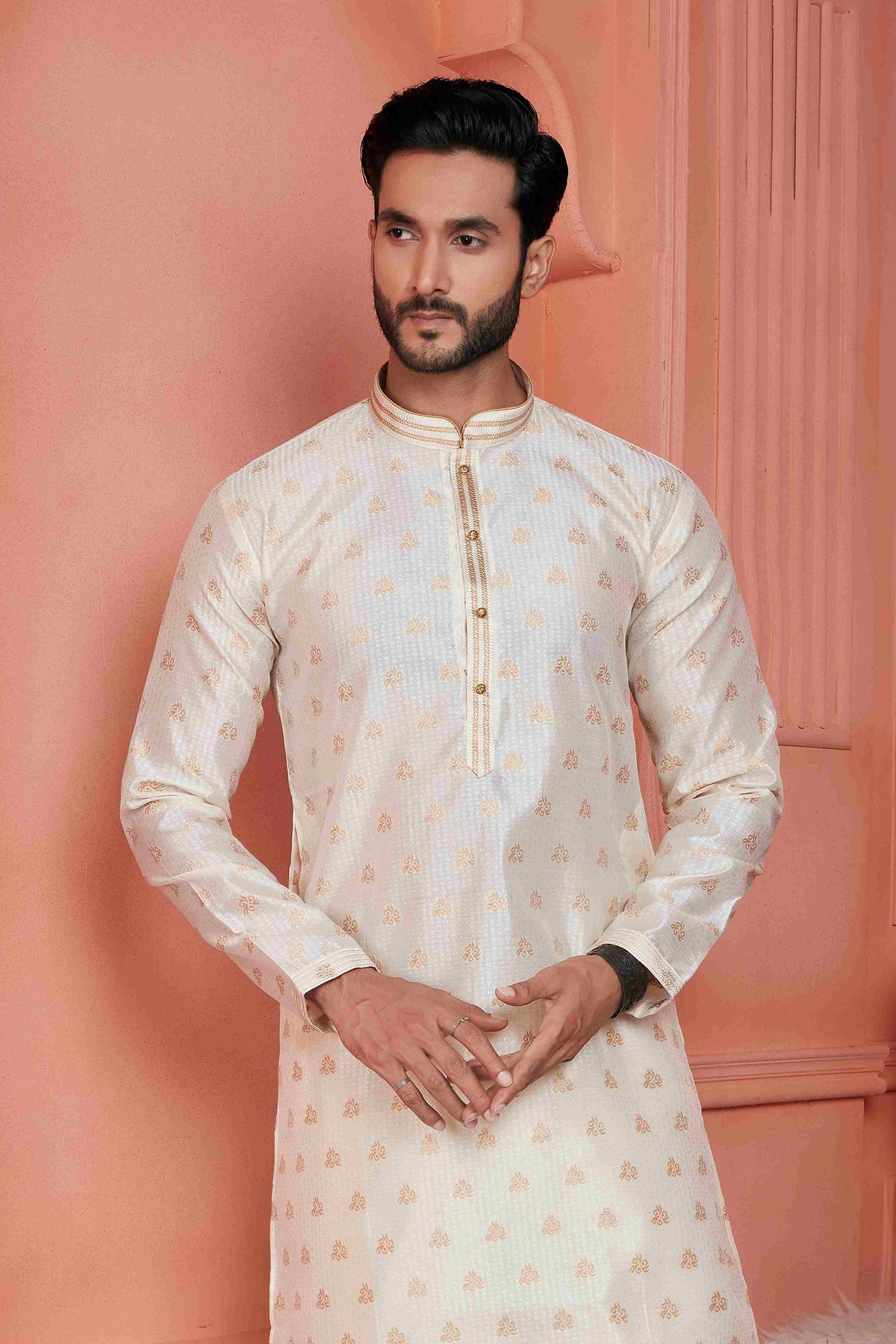 Raivat Ethnic Jacquard Banarasi Silk Pintux Work Kurta Pajama In Cream Colour | Grocsy