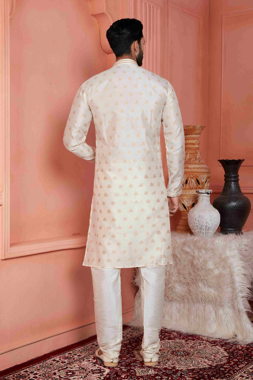 Raivat Ethnic Jacquard Banarasi Silk Pintux Work Kurta Pajama In Cream Colour | Grocsy