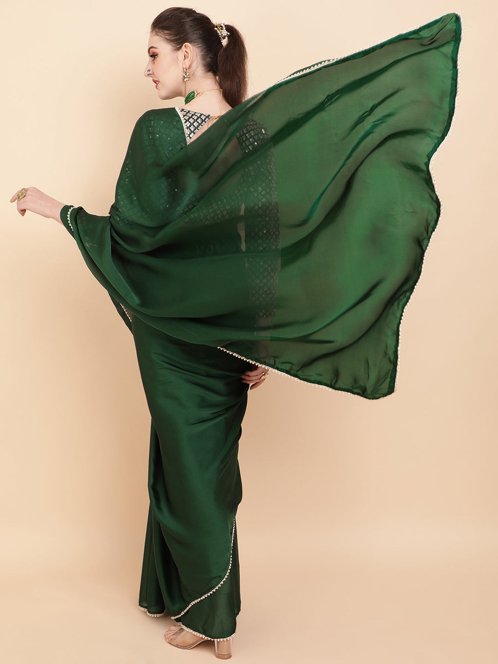 Sangria Green Sequinned Satin Saree | Grocsy