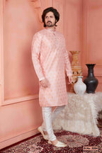 Raivat Ethnic Jacquard Banarasi Silk Pintux Work Kurta Pajama In Peach Colour | Grocsy