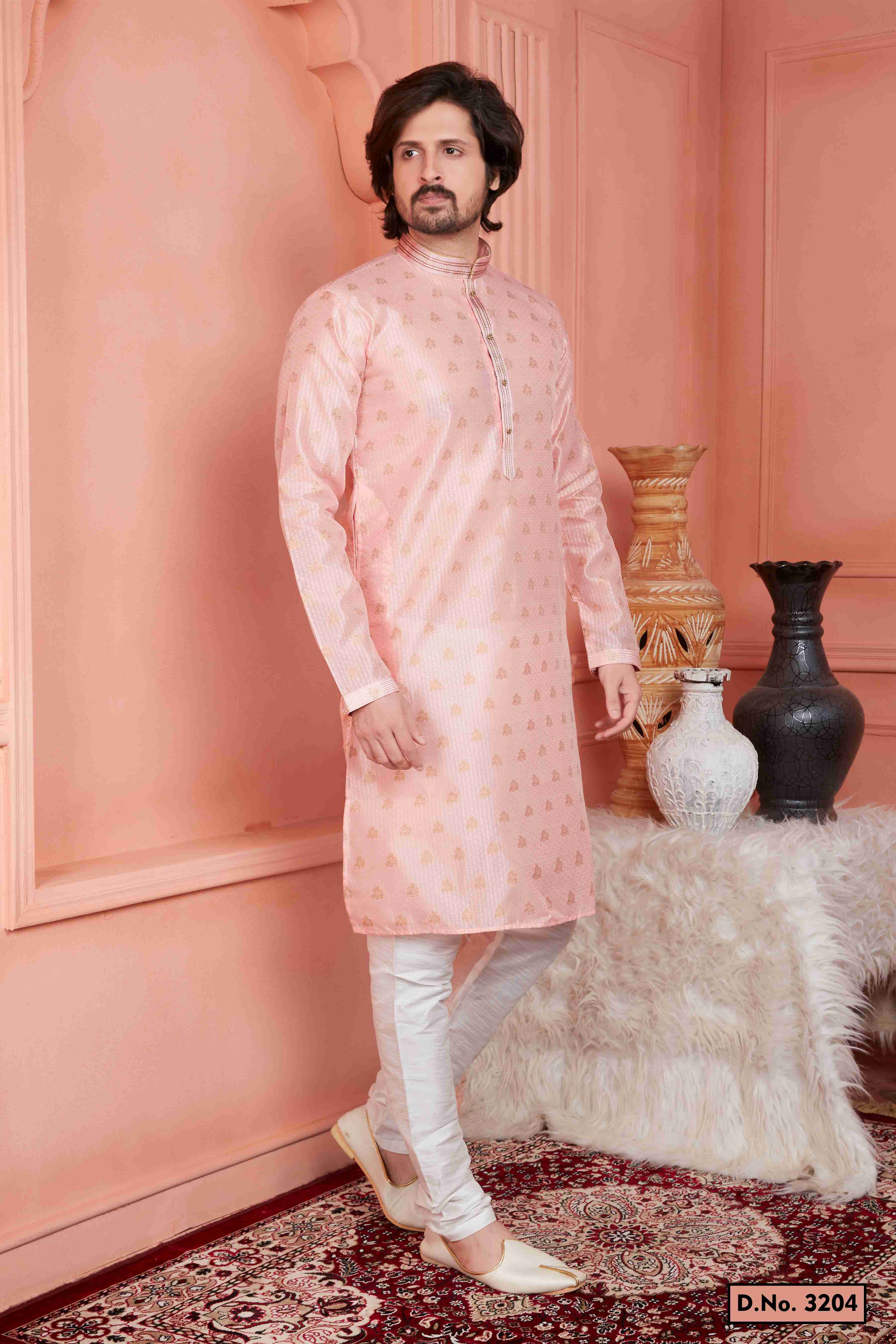 Raivat Ethnic Jacquard Banarasi Silk Pintux Work Kurta Pajama In Peach Colour | Grocsy
