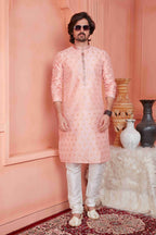 Raivat Ethnic Jacquard Banarasi Silk Pintux Work Kurta Pajama In Peach Colour | Grocsy
