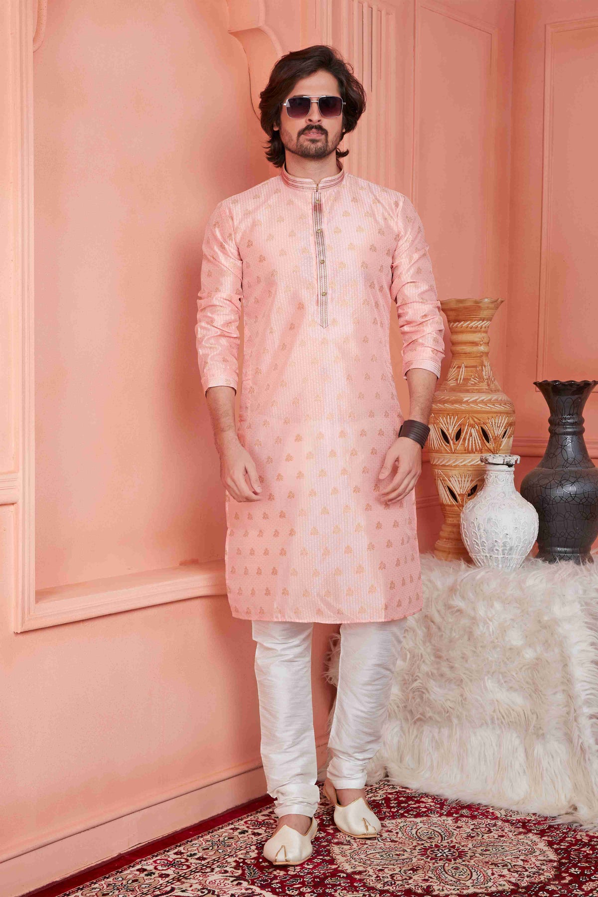 Raivat Ethnic Jacquard Banarasi Silk Pintux Work Kurta Pajama In Peach Colour | Grocsy