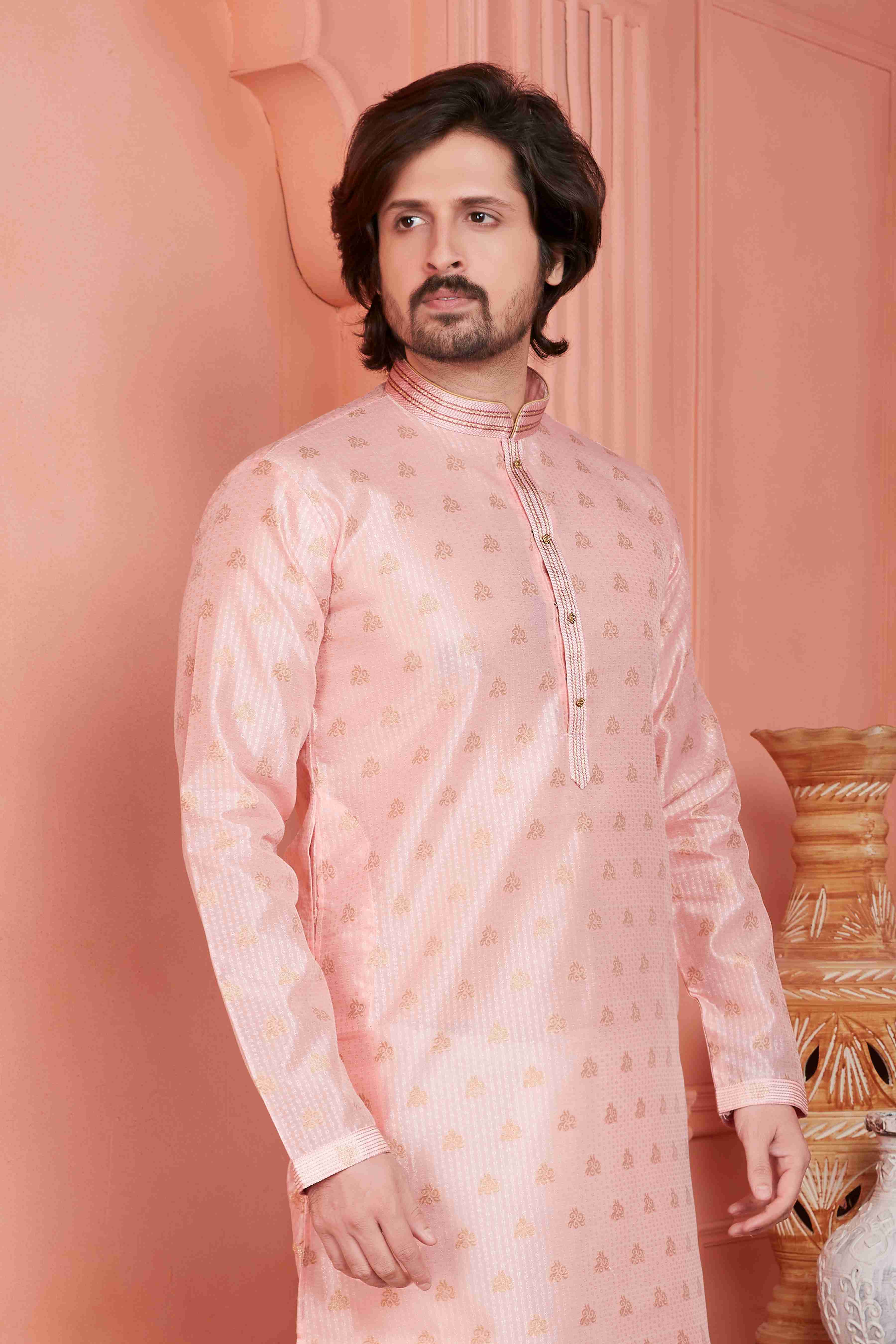 Raivat Ethnic Jacquard Banarasi Silk Pintux Work Kurta Pajama In Peach Colour | Grocsy