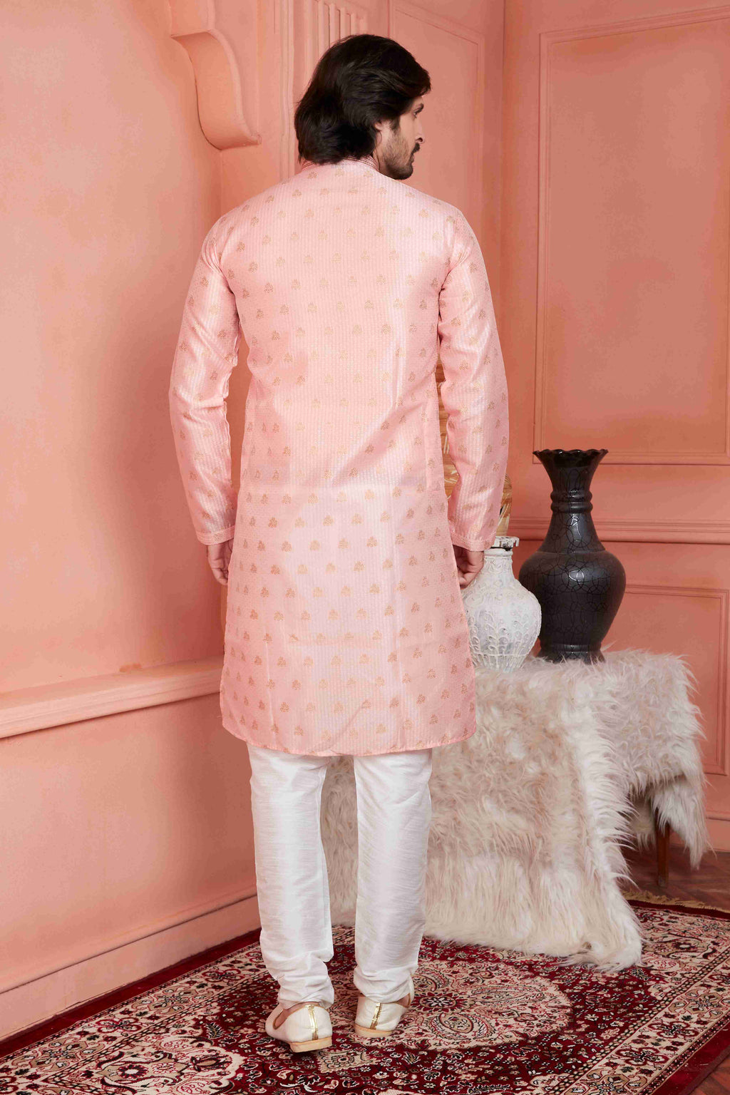 Raivat Ethnic Jacquard Banarasi Silk Pintux Work Kurta Pajama In Peach Colour | Grocsy
