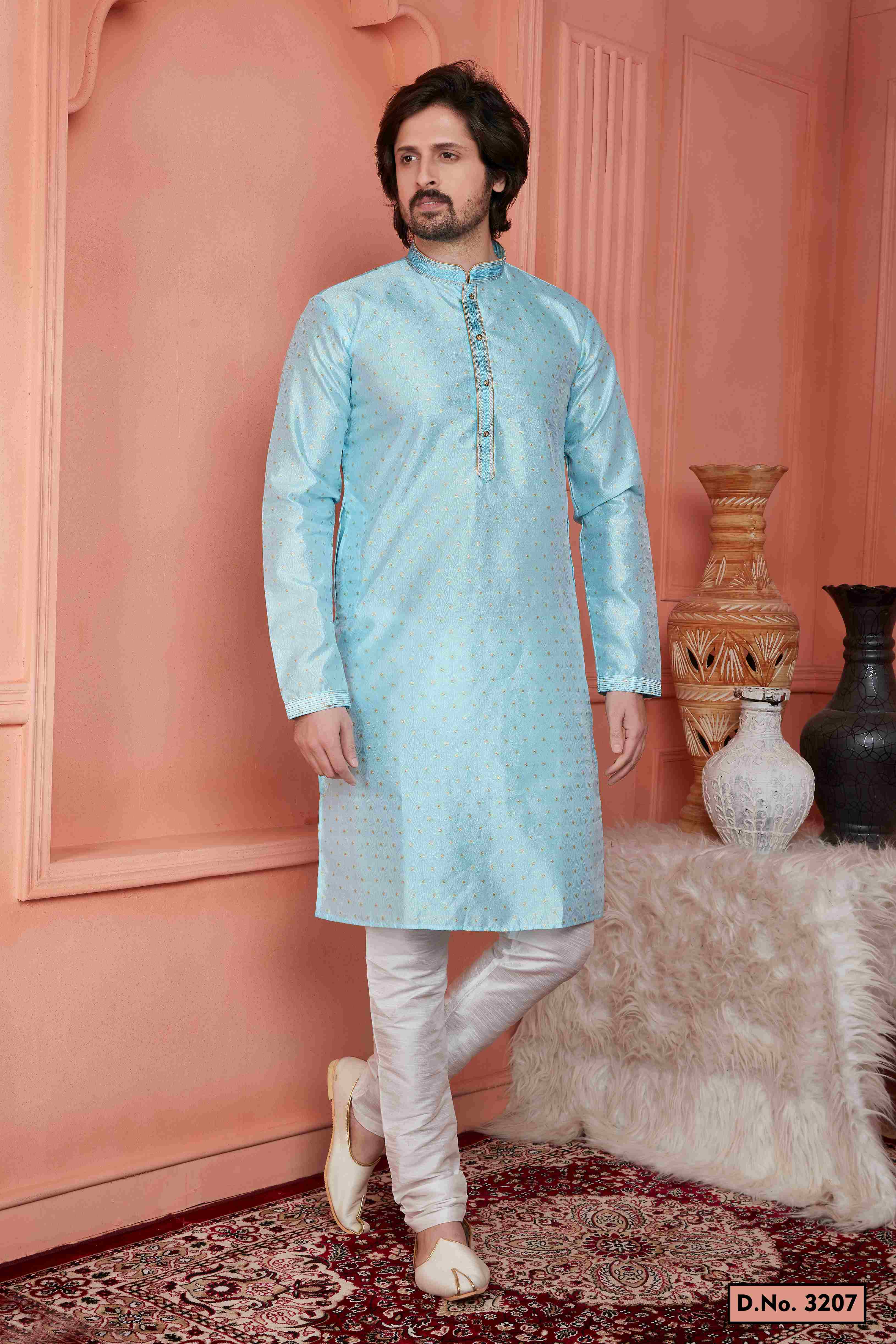 Raivat Ethnic Jacquard Banarasi Silk Pintux Work Kurta Pajama In Sky Blue Colour | Grocsy