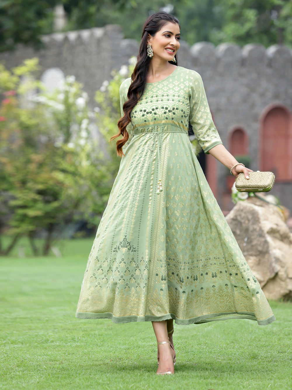 Juniper Sage Green Georgette Festive Foil Printed Flared Maxi For Women | Grocsy
