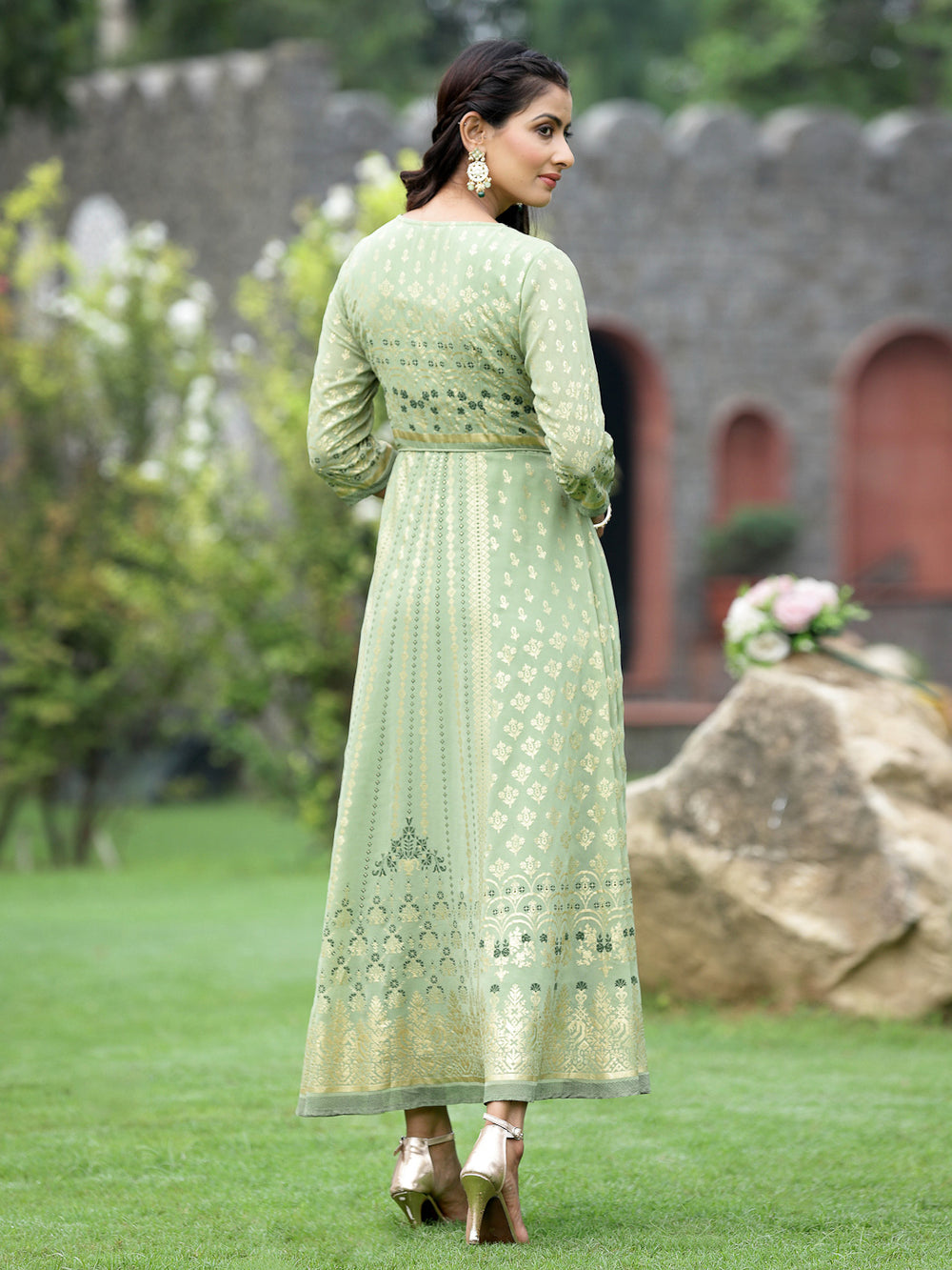 Juniper Sage Green Georgette Festive Foil Printed Flared Maxi For Women | Grocsy