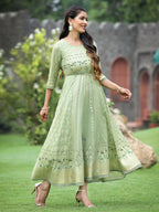 Juniper Sage Green Georgette Festive Foil Printed Flared Maxi For Women | Grocsy