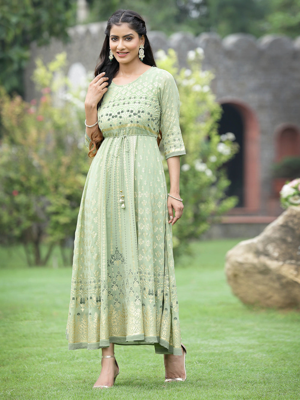 Juniper Sage Green Georgette Festive Foil Printed Flared Maxi For Women | Grocsy