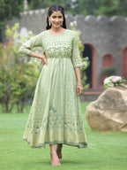 Juniper Sage Green Georgette Festive Foil Printed Flared Maxi For Women | Grocsy