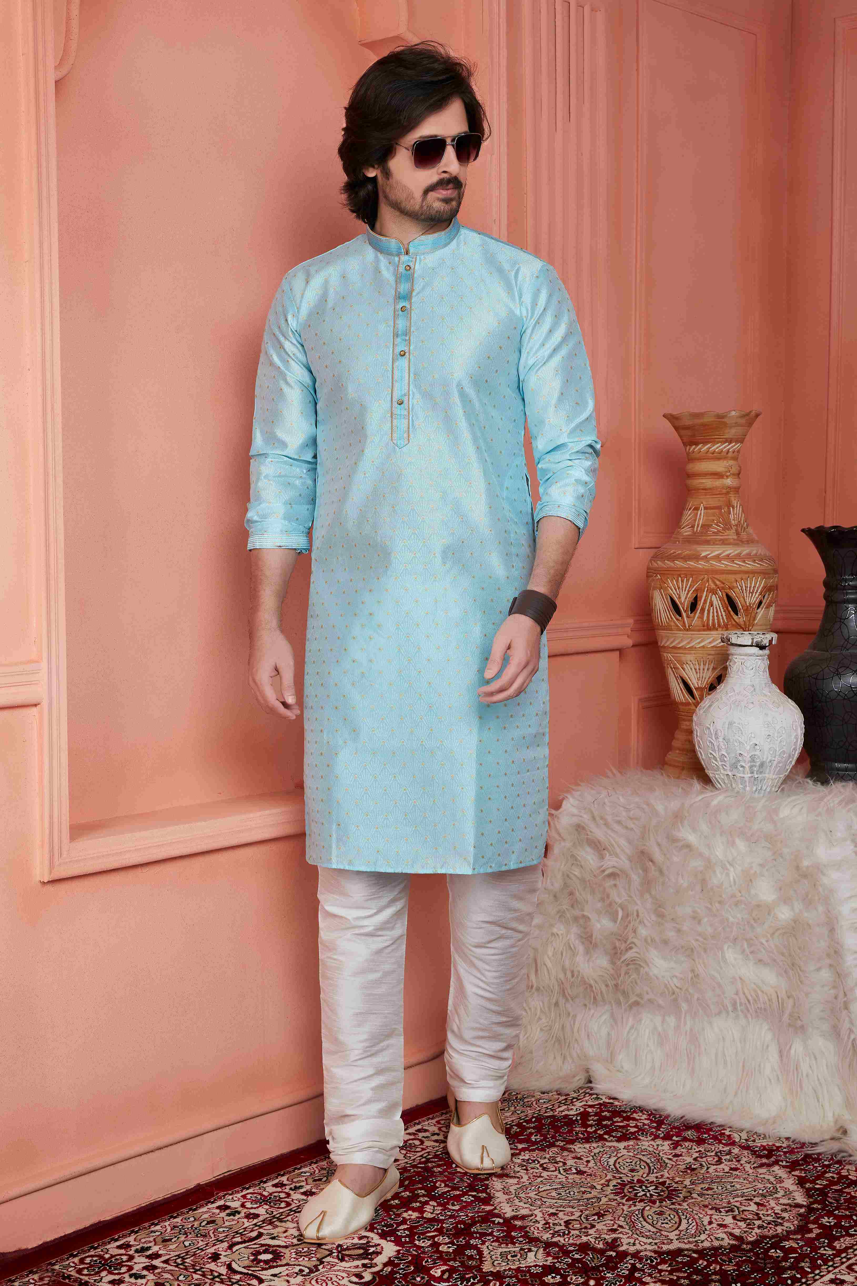 Raivat Ethnic Jacquard Banarasi Silk Pintux Work Kurta Pajama In Sky Blue Colour | Grocsy