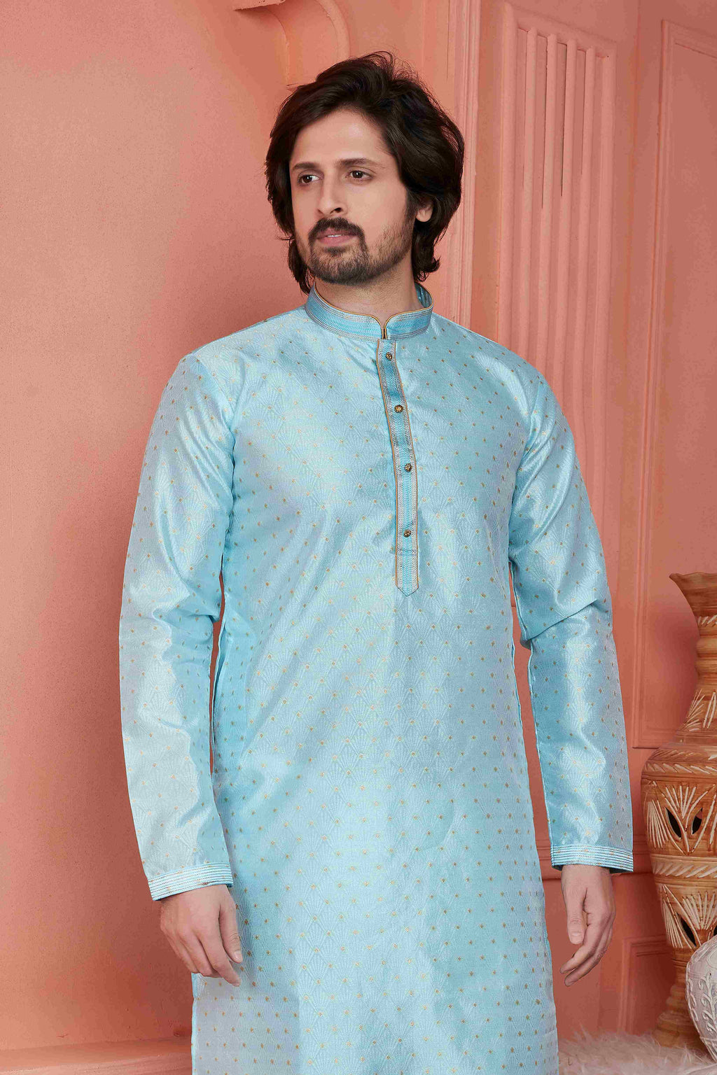 Raivat Ethnic Jacquard Banarasi Silk Pintux Work Kurta Pajama In Sky Blue Colour | Grocsy