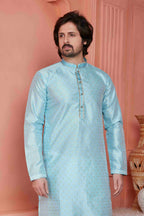 Raivat Ethnic Jacquard Banarasi Silk Pintux Work Kurta Pajama In Sky Blue Colour | Grocsy