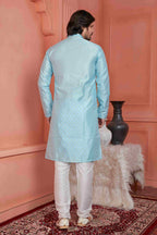 Raivat Ethnic Jacquard Banarasi Silk Pintux Work Kurta Pajama In Sky Blue Colour | Grocsy