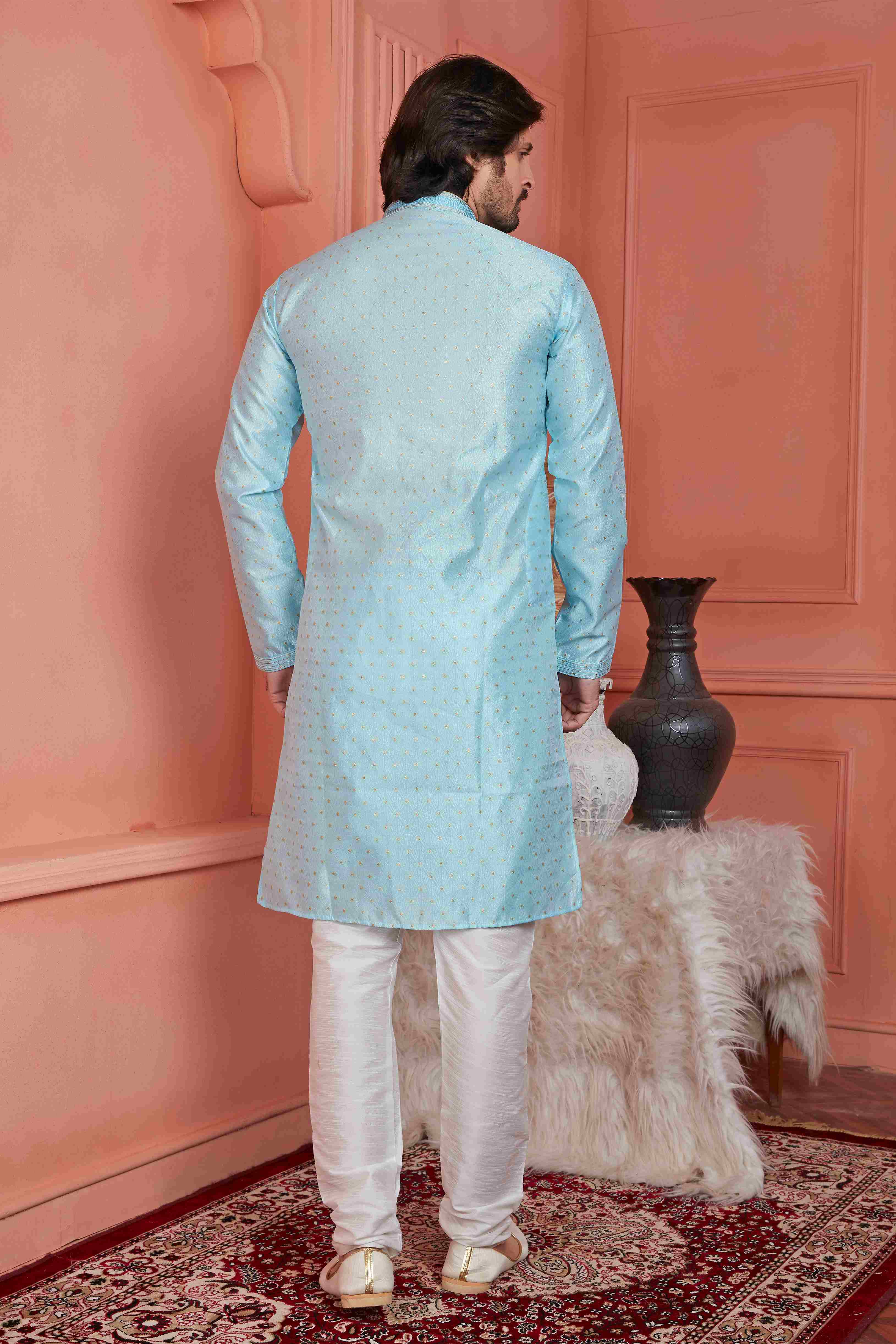 Raivat Ethnic Jacquard Banarasi Silk Pintux Work Kurta Pajama In Sky Blue Colour | Grocsy