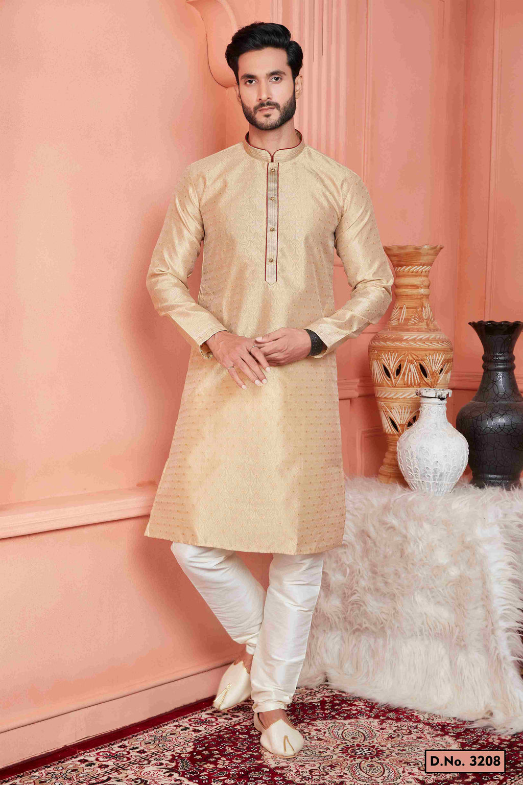 Raivat Ethnic Jacquard Banarasi Silk Pintux Work Kurta Pajama In Beige Colour | Grocsy