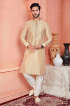 Raivat Ethnic Jacquard Banarasi Silk Pintux Work Kurta Pajama In Beige Colour | Grocsy
