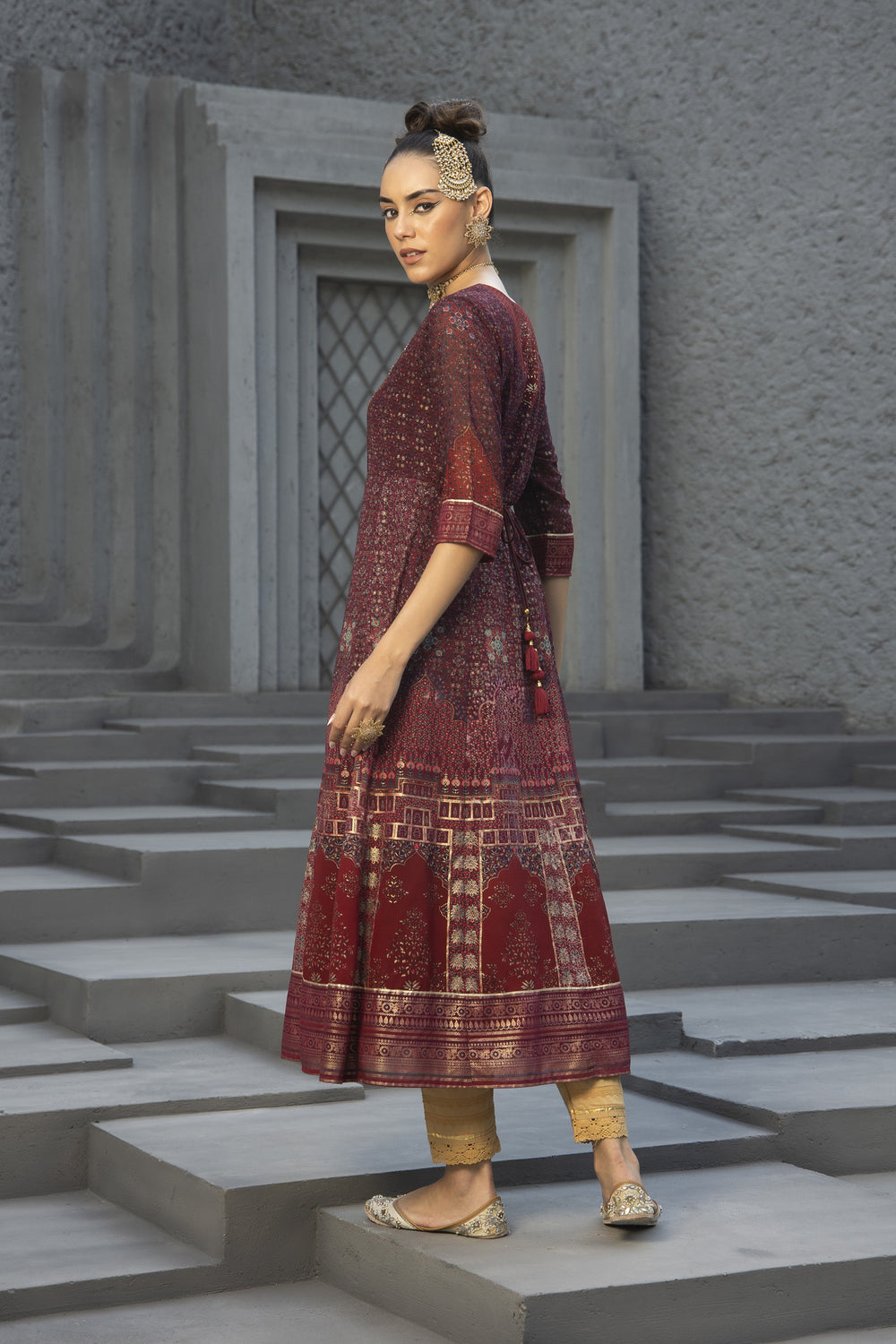 Juniper Maroon Georgette Festive Printed Anarkali Flared Anarkali Kurta For Women | Grocsy