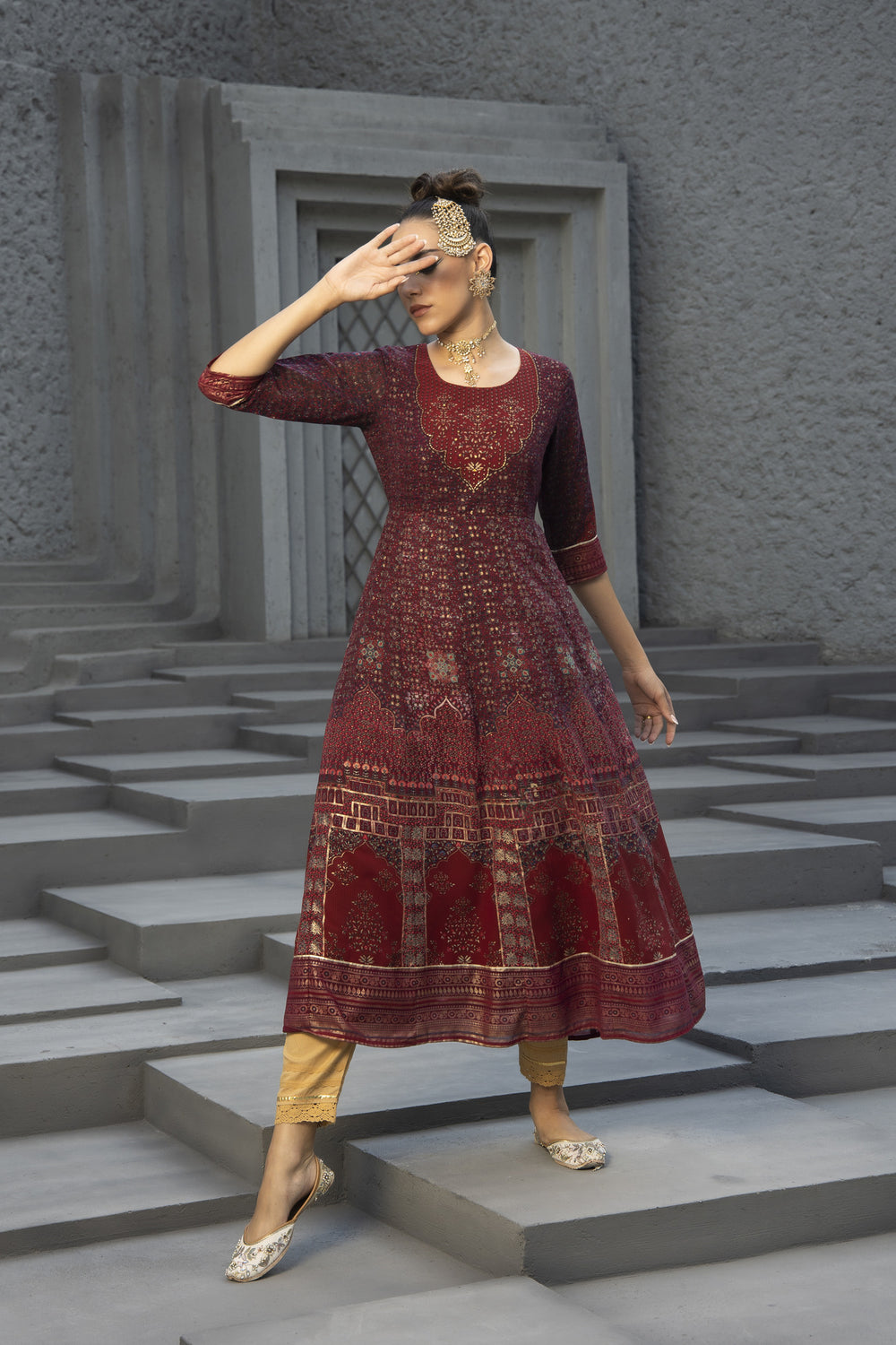Juniper Maroon Georgette Festive Printed Anarkali Flared Anarkali Kurta For Women | Grocsy