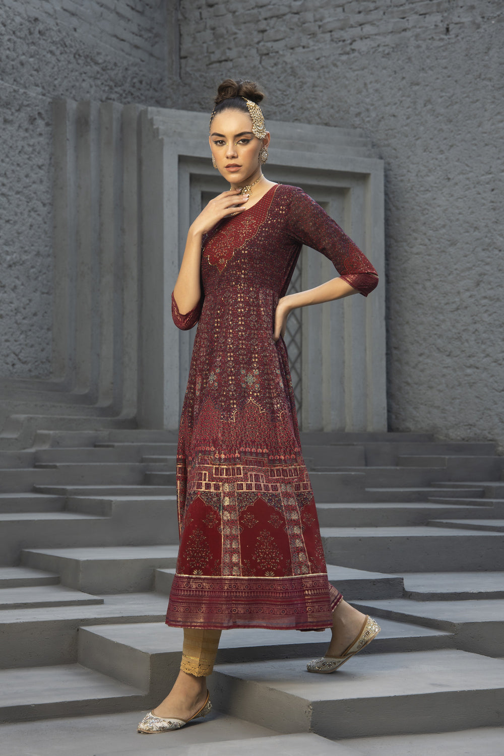 Juniper Maroon Georgette Festive Printed Anarkali Flared Anarkali Kurta For Women | Grocsy