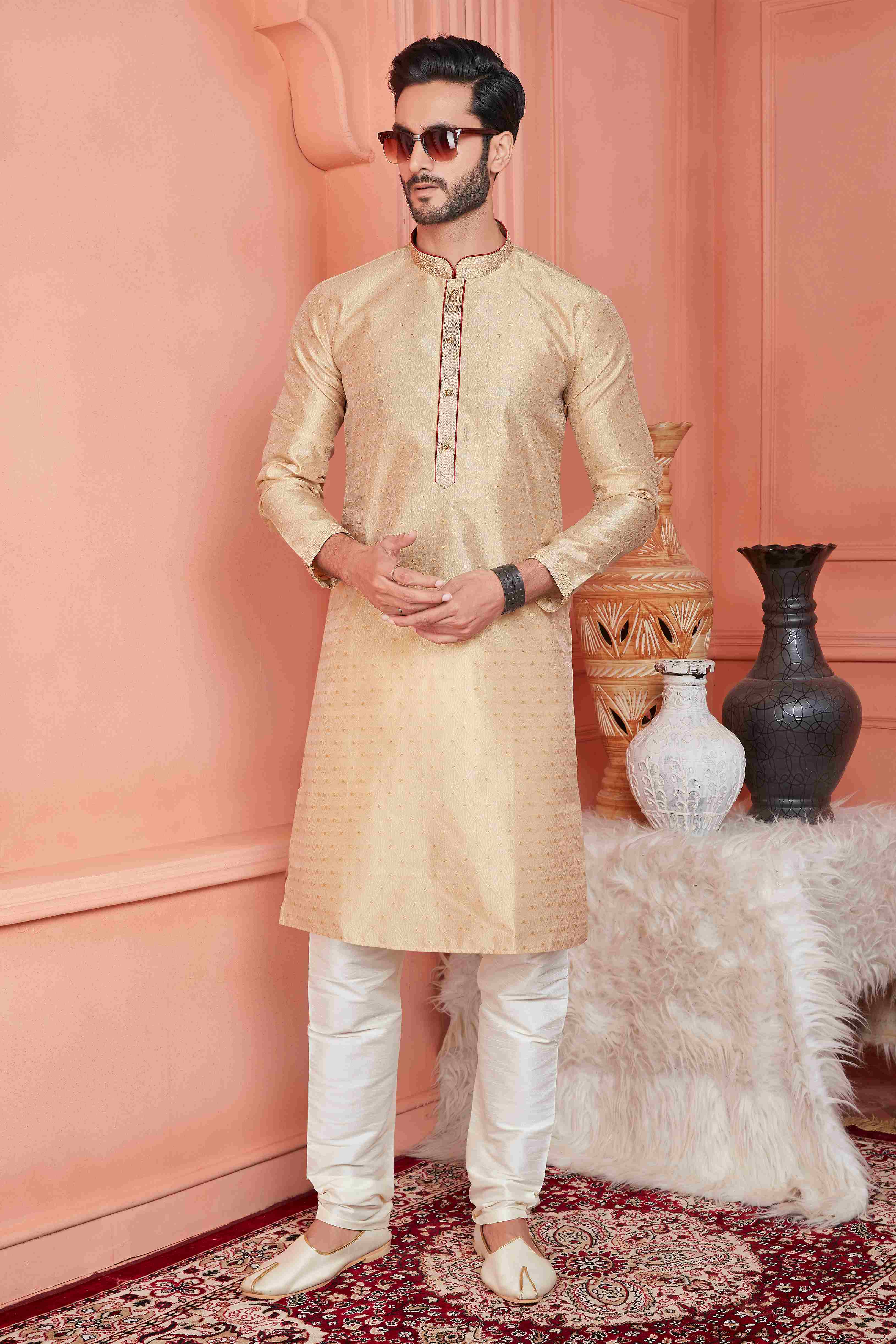 Raivat Ethnic Jacquard Banarasi Silk Pintux Work Kurta Pajama In Beige Colour | Grocsy