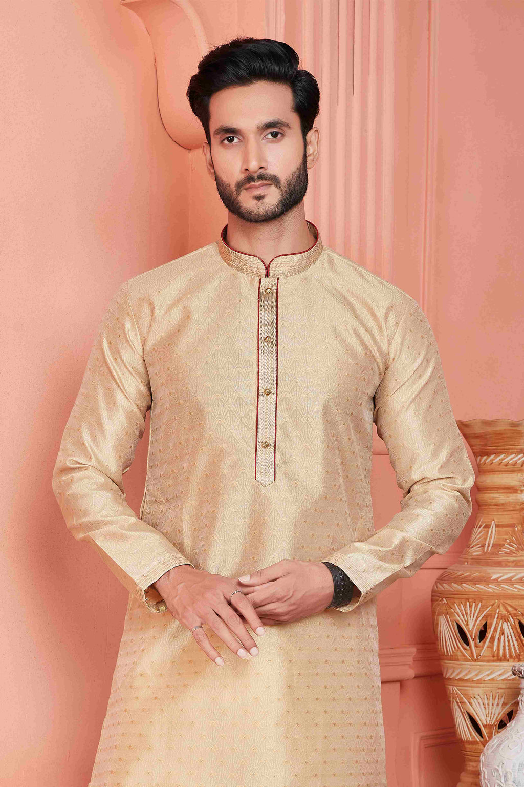 Raivat Ethnic Jacquard Banarasi Silk Pintux Work Kurta Pajama In Beige Colour | Grocsy