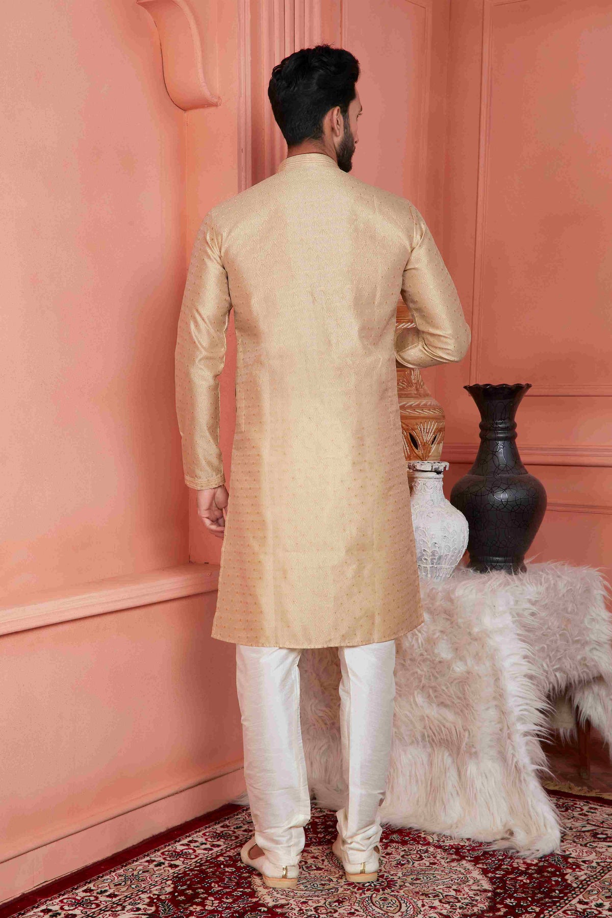 Raivat Ethnic Jacquard Banarasi Silk Pintux Work Kurta Pajama In Beige Colour | Grocsy