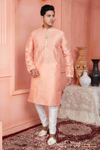 Raivat Ethnic Jacquard Banarasi Silk Pintux Work Kurta Pajama In Peach Colour | Grocsy