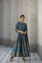 Juniper Teal Satin Festive Printed Anarkali Flared Anarkali Kurta For Women | Grocsy