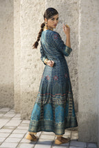 Juniper Teal Satin Festive Printed Anarkali Flared Anarkali Kurta For Women | Grocsy