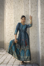 Juniper Teal Satin Festive Printed Anarkali Flared Anarkali Kurta For Women | Grocsy