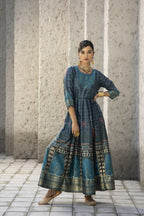Juniper Teal Satin Festive Printed Anarkali Flared Anarkali Kurta For Women | Grocsy
