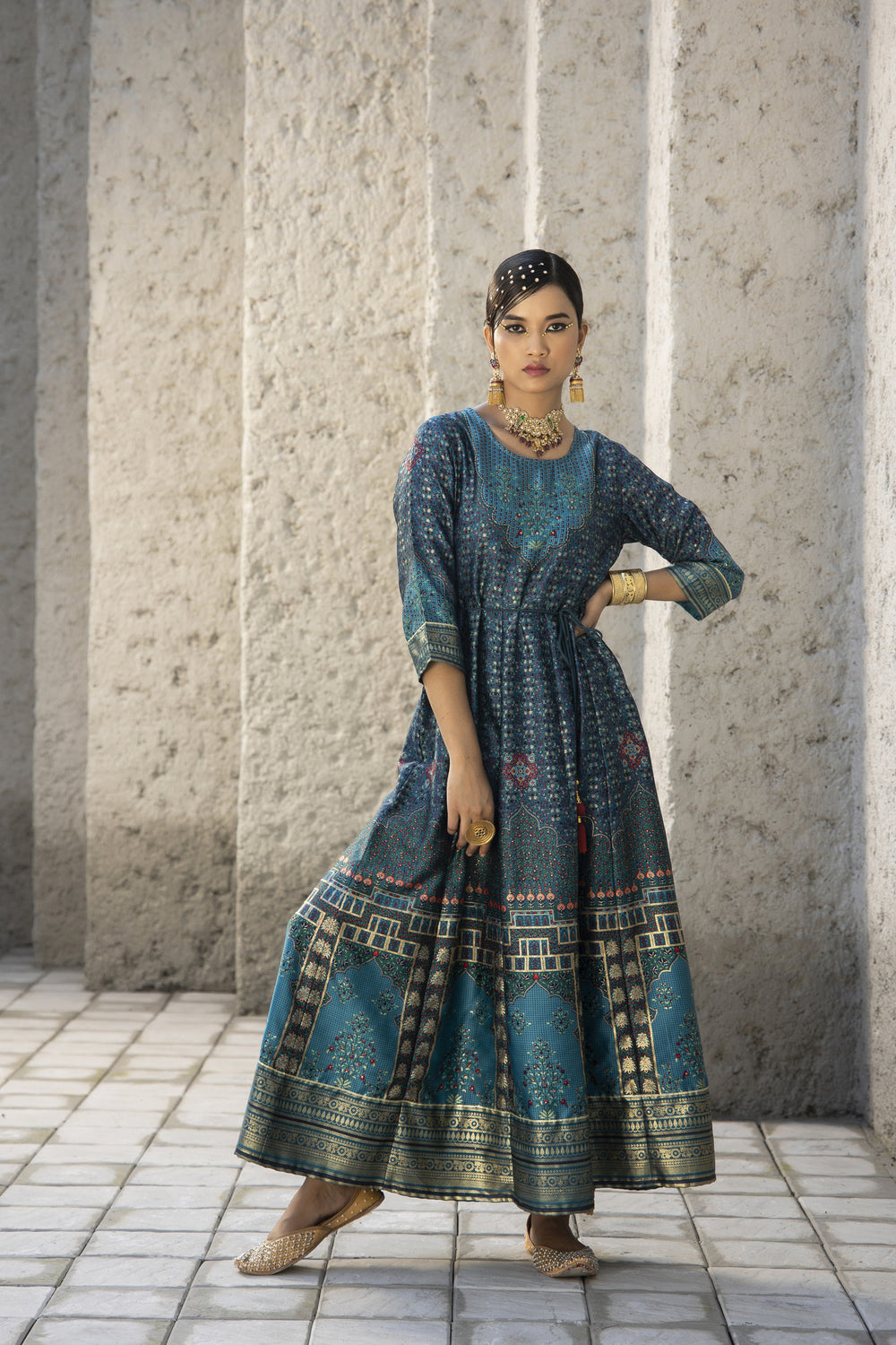 Juniper Teal Satin Festive Printed Anarkali Flared Anarkali Kurta For Women | Grocsy
