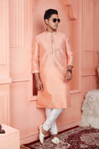 Raivat Ethnic Jacquard Banarasi Silk Pintux Work Kurta Pajama In Peach Colour | Grocsy