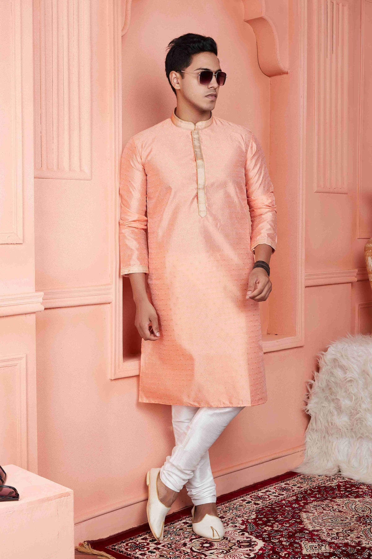 Raivat Ethnic Jacquard Banarasi Silk Pintux Work Kurta Pajama In Peach Colour | Grocsy