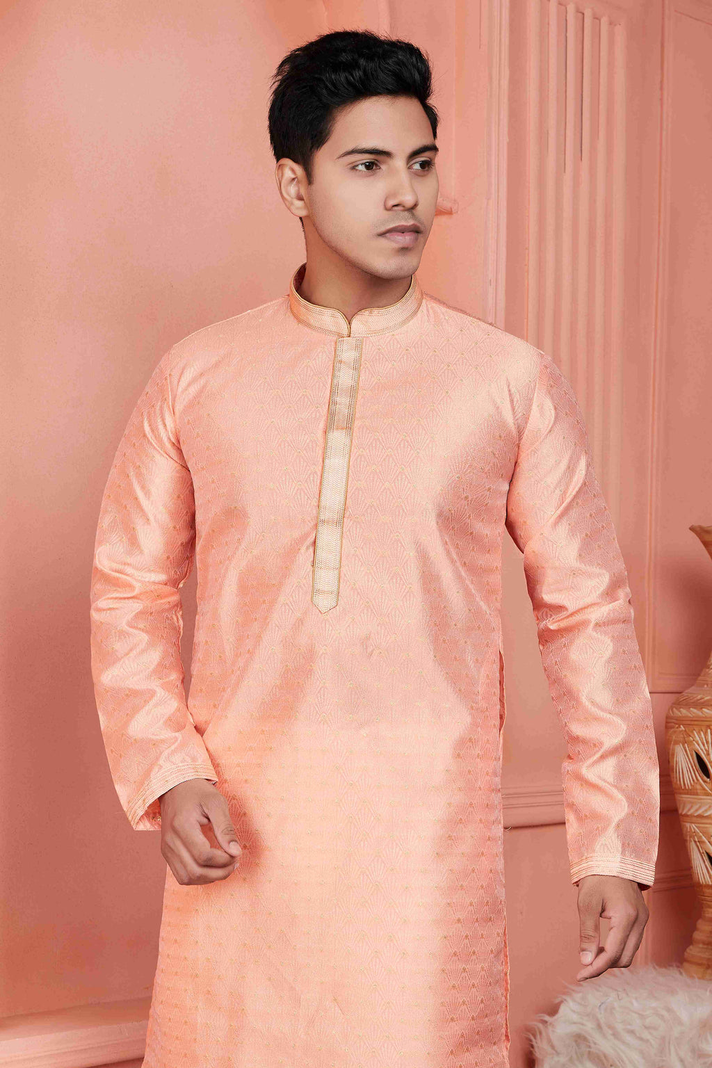 Raivat Ethnic Jacquard Banarasi Silk Pintux Work Kurta Pajama In Peach Colour | Grocsy