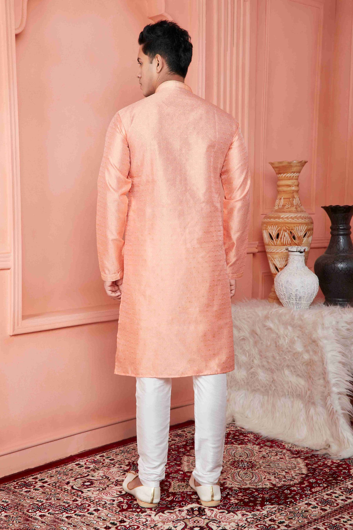 Raivat Ethnic Jacquard Banarasi Silk Pintux Work Kurta Pajama In Peach Colour | Grocsy