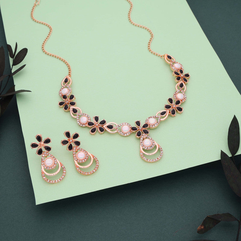 Tehzeeb Creations Rose Gold-Polished Black Colour Necklace With Stud | Grocsy