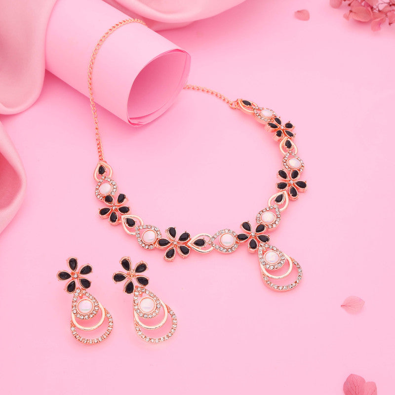 Tehzeeb Creations Rose Gold-Polished Black Colour Necklace With Stud | Grocsy