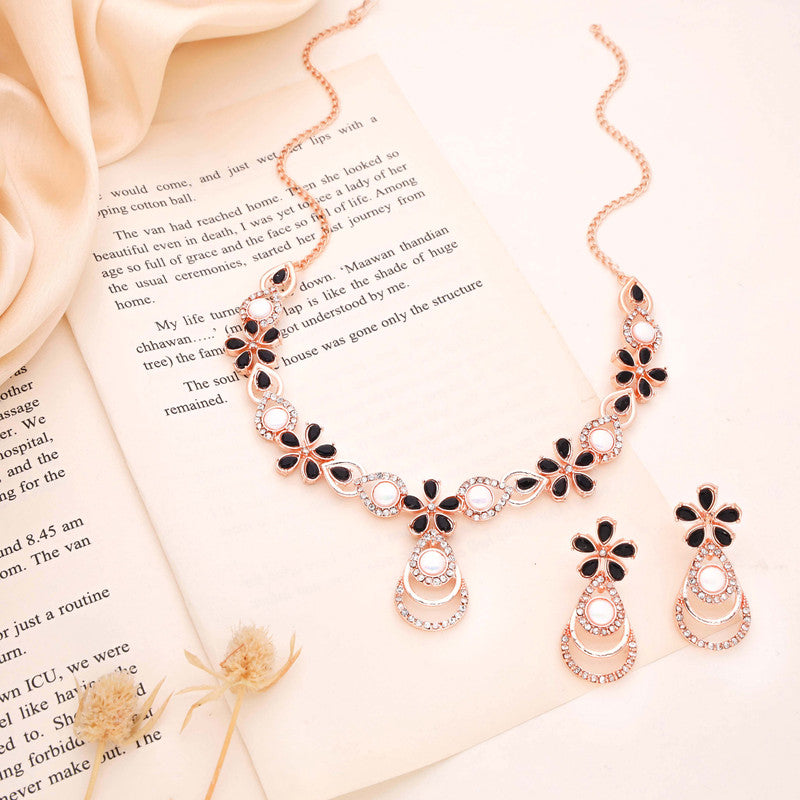 Tehzeeb Creations Rose Gold-Polished Black Colour Necklace With Stud | Grocsy