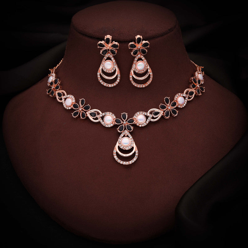 Tehzeeb Creations Rose Gold-Polished Black Colour Necklace With Stud | Grocsy
