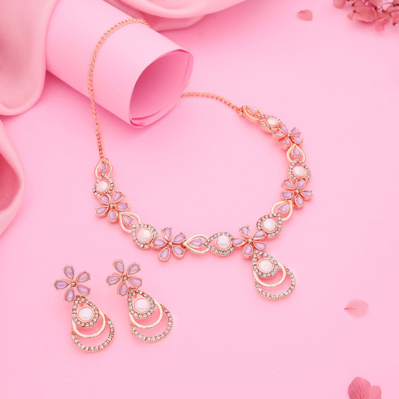 Tehzeeb Creations Rose Gold-Polished Lavender Colour Necklace With Stud | Grocsy