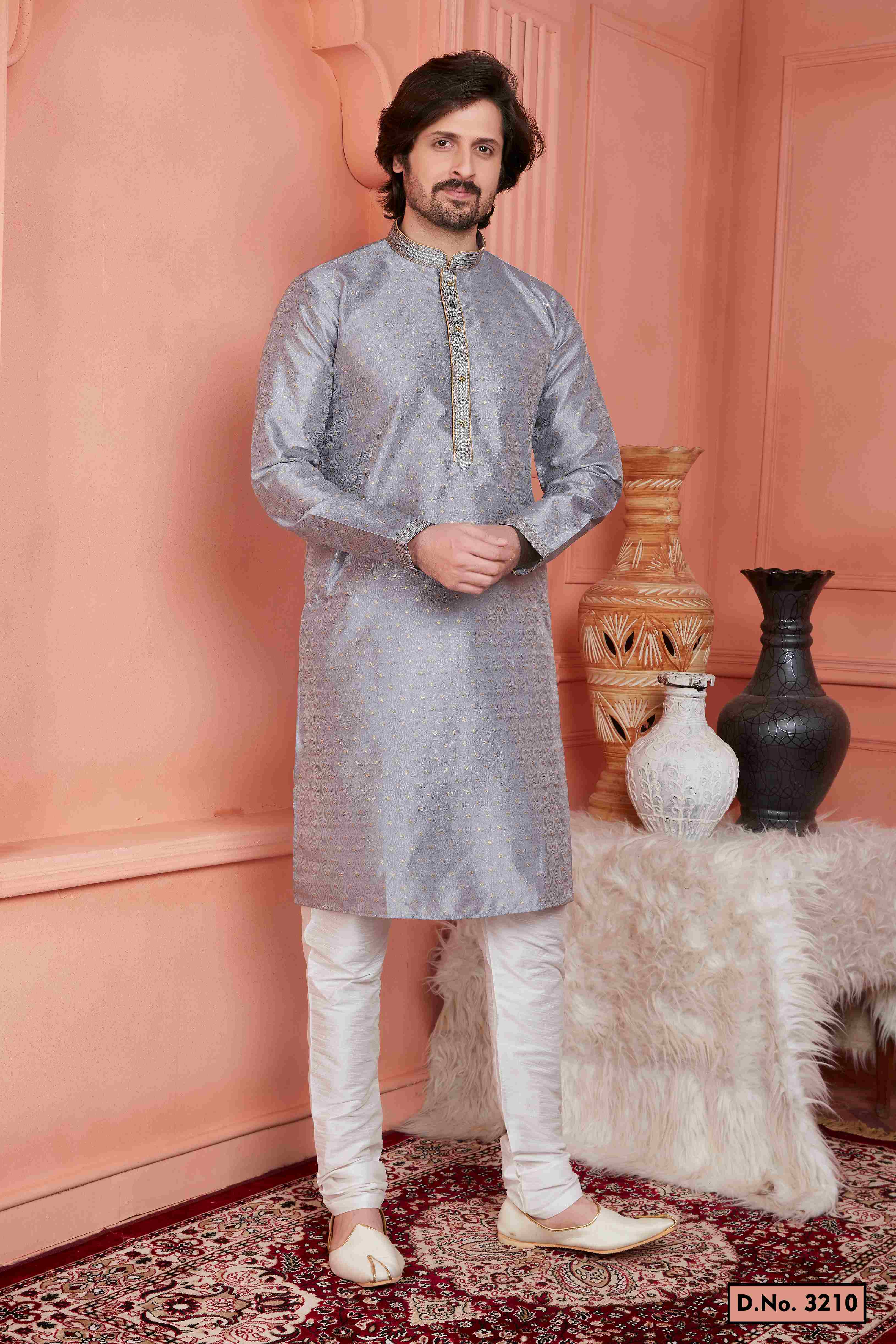 Raivat Ethnic Jacquard Banarasi Silk Pintux Work Kurta Pajama In Grey Colour | Grocsy