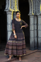 Juniper Black Georgette Festive Printed Flared Anarkali Kurta For Women | Grocsy