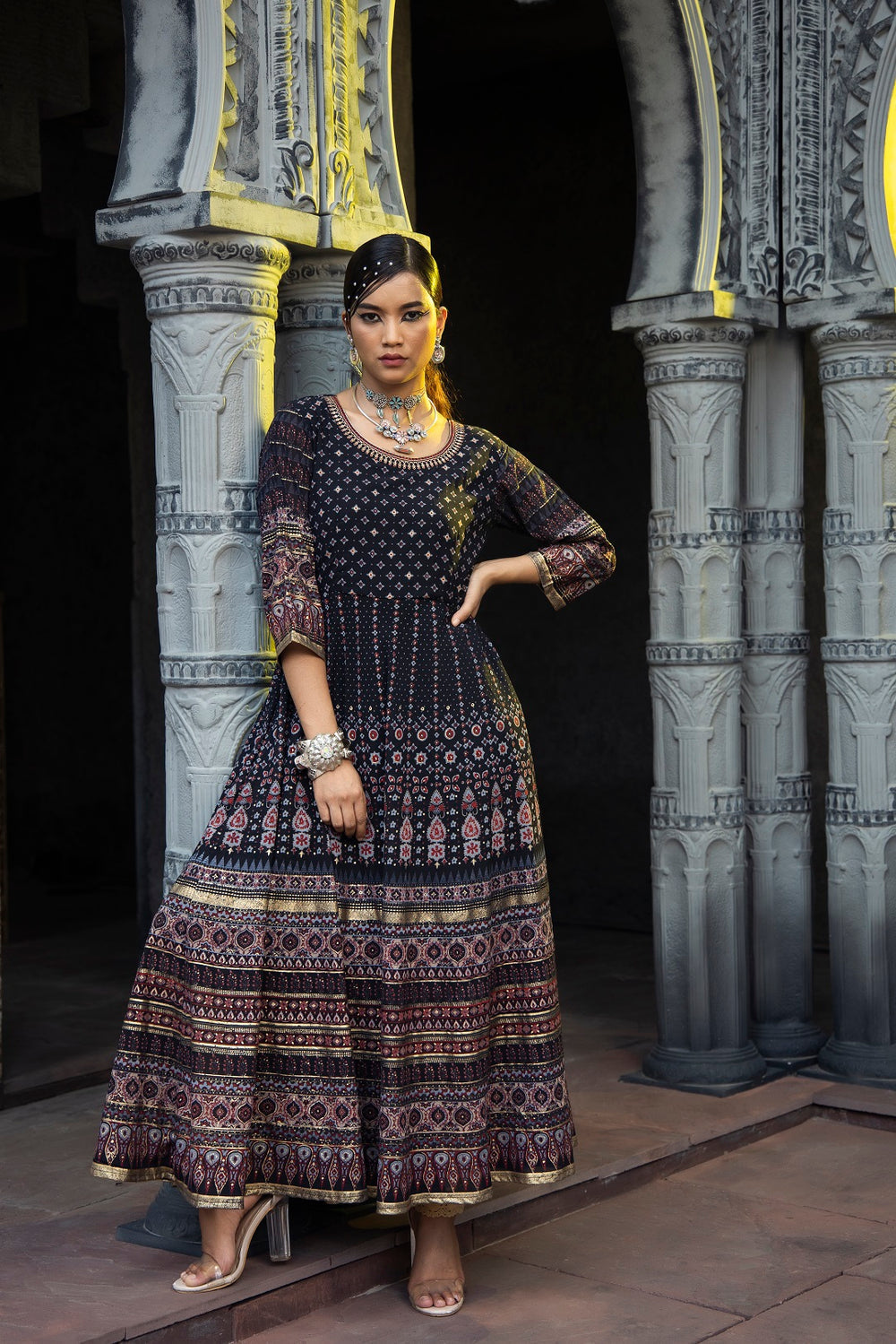 Juniper Black Georgette Festive Printed Flared Anarkali Kurta For Women | Grocsy