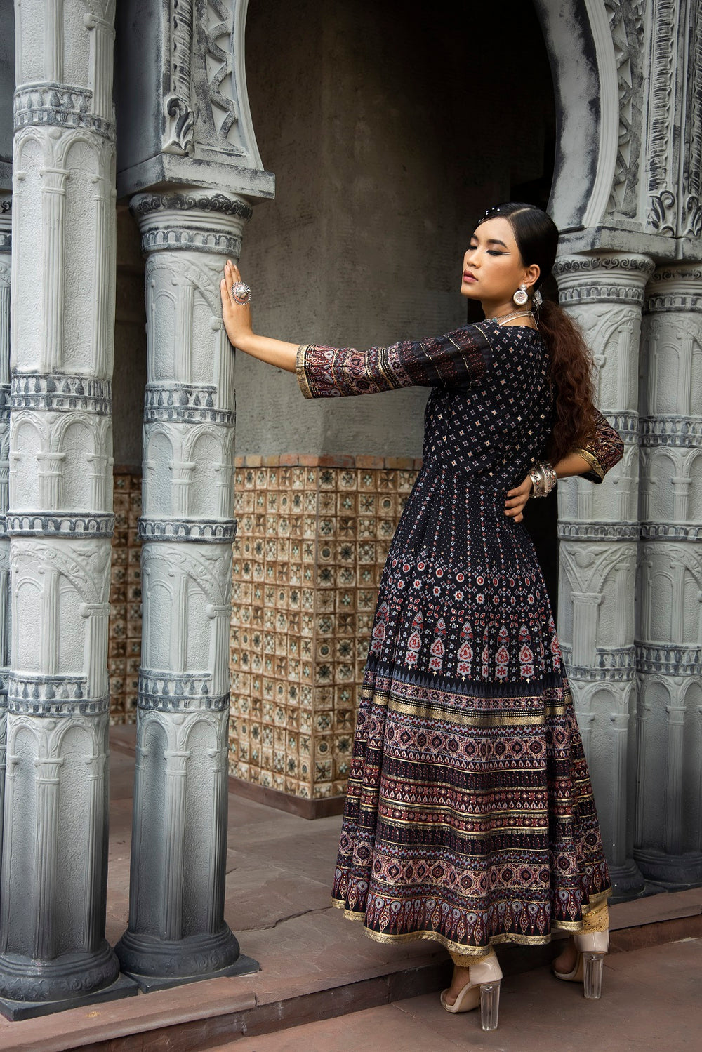 Juniper Black Georgette Festive Printed Flared Anarkali Kurta For Women | Grocsy