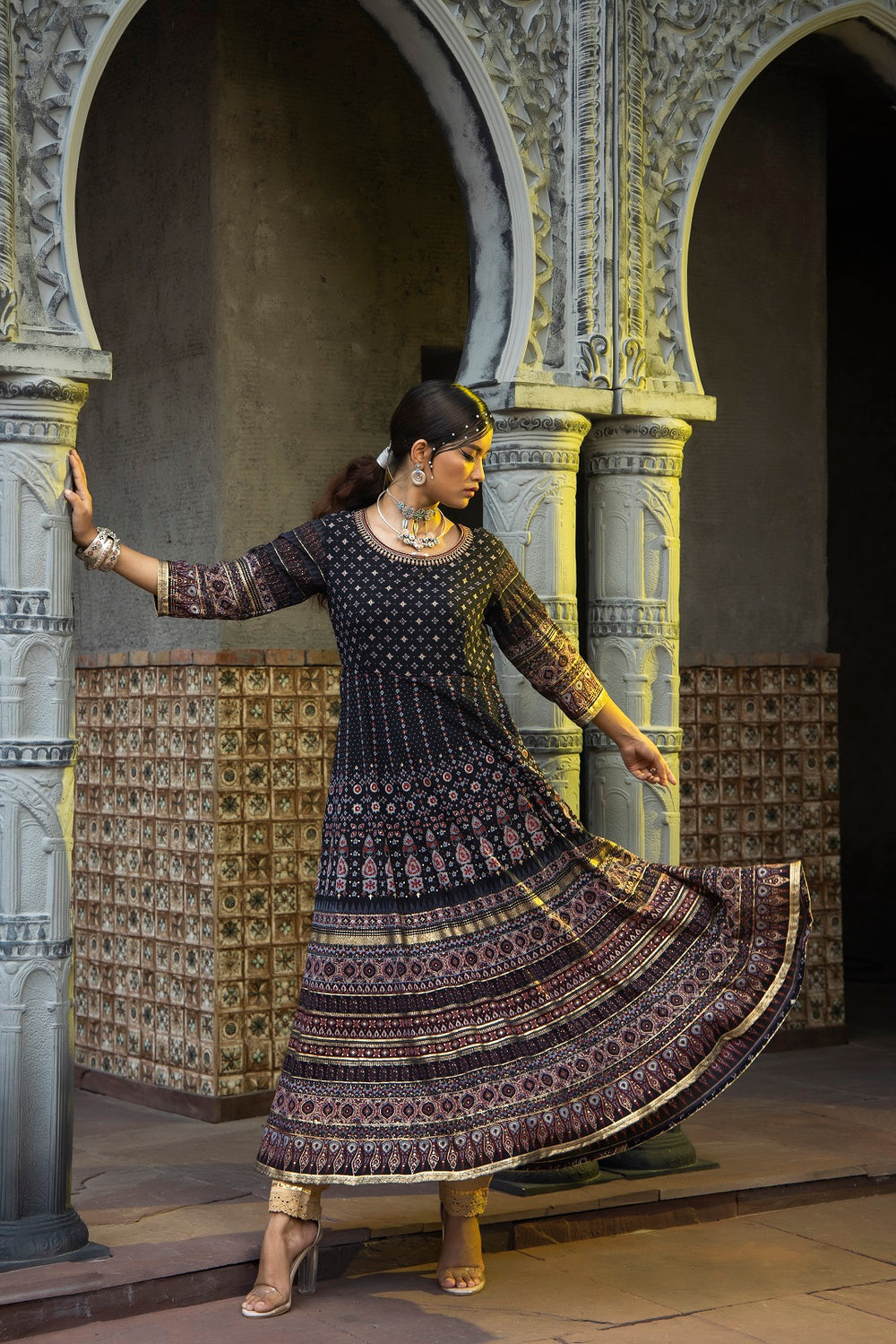 Juniper Black Georgette Festive Printed Flared Anarkali Kurta For Women | Grocsy