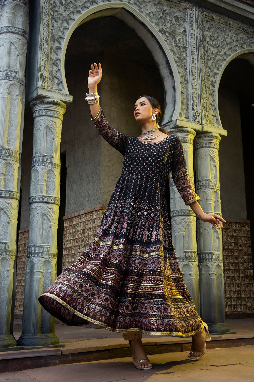 Juniper Black Georgette Festive Printed Flared Anarkali Kurta For Women | Grocsy